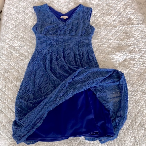 Periwinkle Blue Lace A-Line V-Neck MIDI Dress - Picture 6 of 11